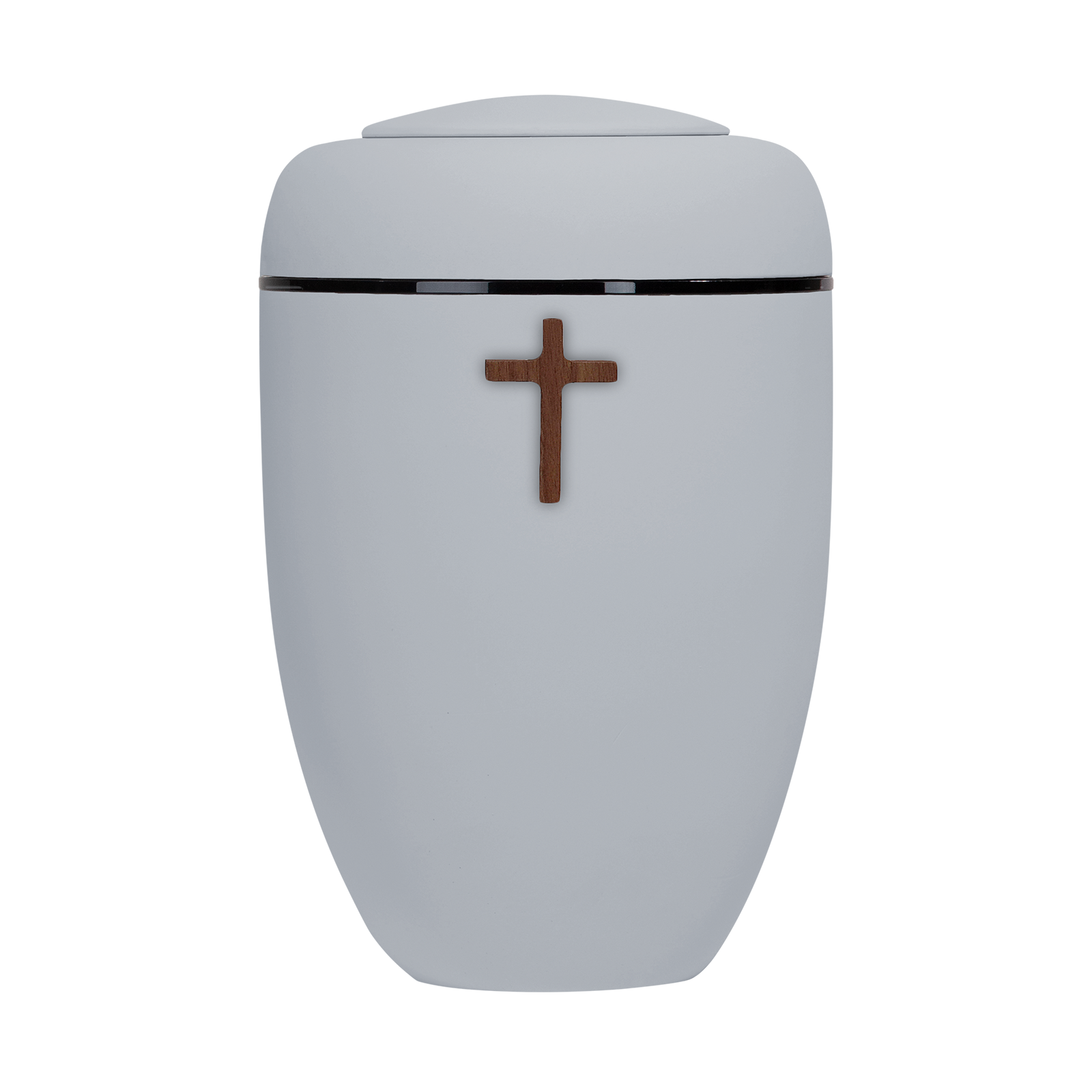Hellgraue Symbol-Urne mit Holzkreuz und schwarzer Plexiglasscheibe